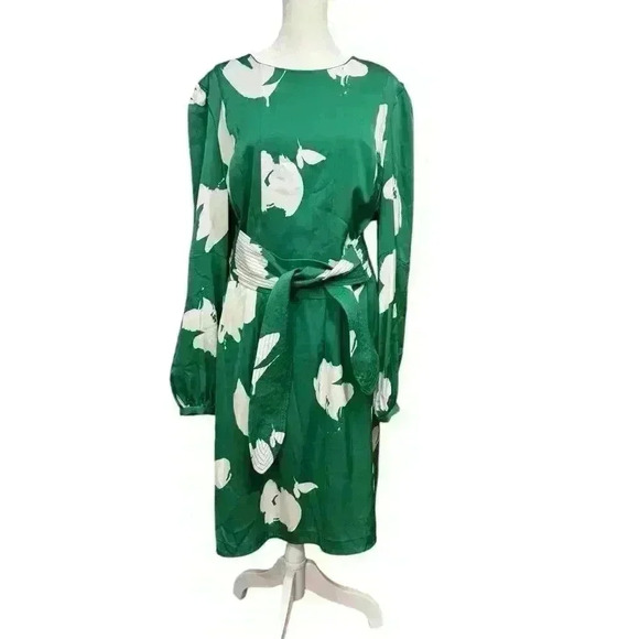 Lewit Green & White Floral Stretch Silk Long Sleeve Round Neck Belted Dress 14 - Picture 10 of 13